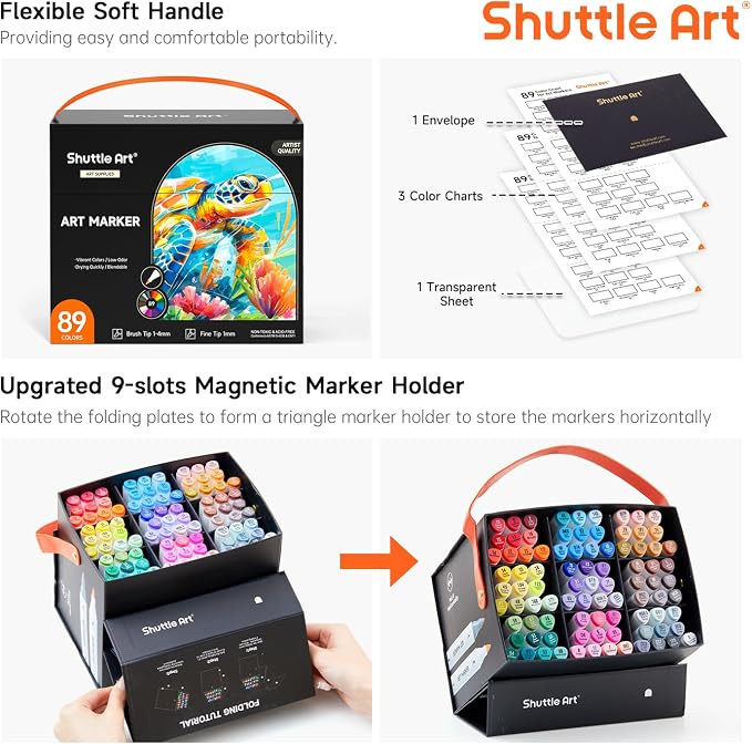 Shuttle Art Brush Tip Alcohol Markers, Dual Tip Brush & Fine Tip Art Marker Set, 89 Colors Marker Pens with Organized Case Perfect for Illustration Kids Students Adults Coloring Sketching