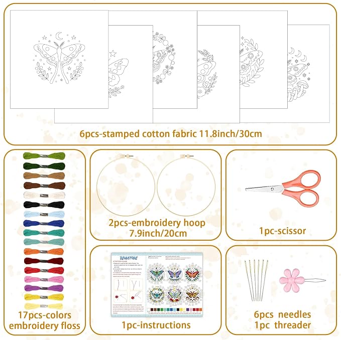 BEUNITONE 6 Set Moth Embroidery Kit for Adults Beginners, DIY Needlepoint Craft Kits with Instructions and Hoops, Complete Starter Set for Adults, Handmade Embroidery for Gifts and Home Decor 20x20cm