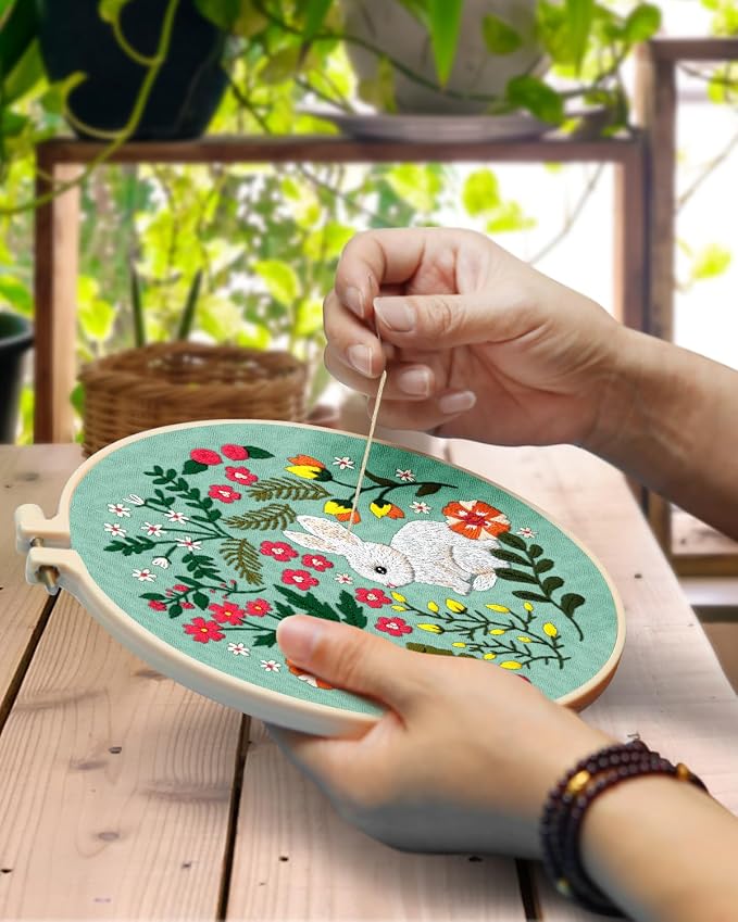 TINDTOP Embroidery Kit for Beginners Adult, Rabbit Embroidery Kit | Include Embroidery Cloth Hoops Threads for Craft Lover Hand Stitch with Embroidery Skill Techniques