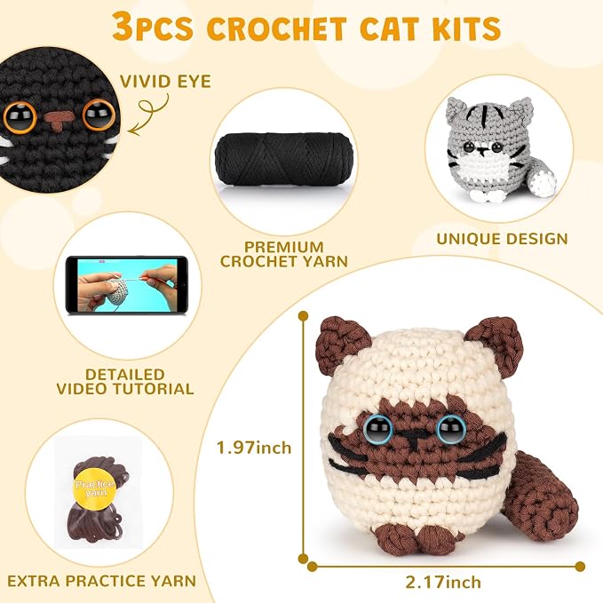 Crochet Kit for Beginners, Cat Crochet Kit for Adults Beginner | Complete DIY Crochet Starter Kit with Step-by-Step Video Tutorials, Easy Knitting Kit Cat Crochet Gifts