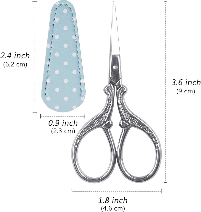 Vintage Embroidery Scissors 3.6 inch Sharp Mini Crochet Cross Stitch Travel | Craft Scissors Shears for Crafting Fabric Scissor for Art Work Threading Needlework DIY Tools with Leather Scissor Cover