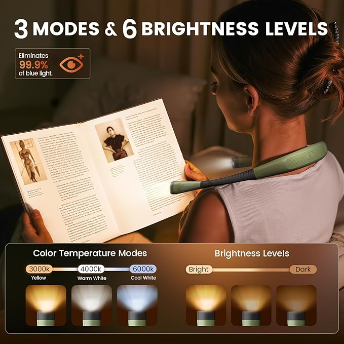 Glocusent Reading Light LED Neck Light,80-hr Rechargeable Book Light | 3-Color&6-Brightness,USB-C,Green Neck Reading Light,Women,Travel,Portable,Repairing,Crochet,Christmas,Book Lovers Gifts