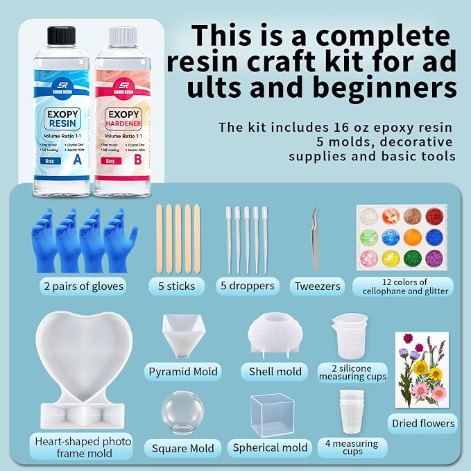 SHORE RESIN Complete Resin Craft Kit for Adults and Beginners | Complete resin craft kit with 16 oz epoxy, 5 molds, glitter, dried flowers and tools for adults, beginners and DIY projects.