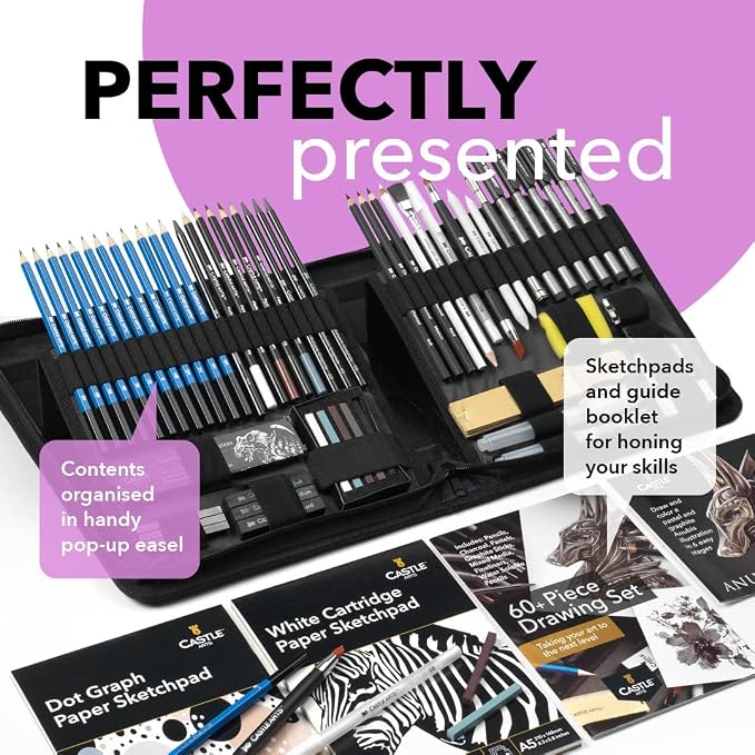 Castle Art Supplies 60 Piece Drawing, Sketching and Charcoal Set for Adults | Graphite, charcoal, pastel, water-soluble pencils, sticks, and fineliners - carry-anywhere zip case, professional quality