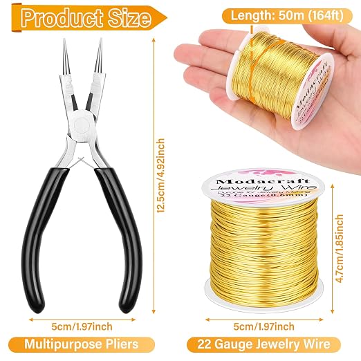 ModaCraft 22 Gauge Tarnish Proof Jewelry Wire Gold (164ft/50m) + 4-in-1 Professional Jewelry Pliers Set | Fade-Resistant Copper Craft Wire for Beading DIY Jewelry Making Supplies Kit