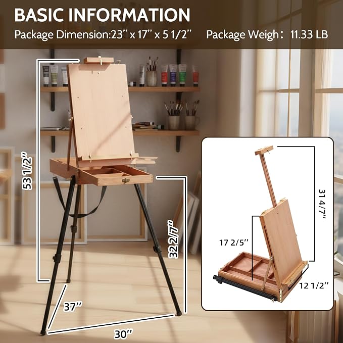 Falling in Art Light Weight French Style Field and Sketchbox Easel | Adjustable Beechwood Tripod standing easel with Aluminum Tripod, Drawer, Palette for Painting & Drawing