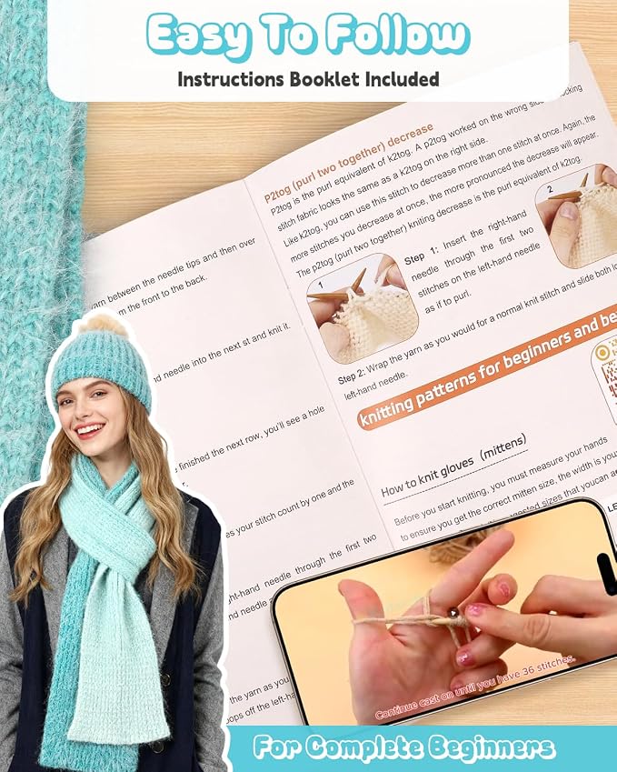 Katech Knitting Kit for Beginners Adults Kids-Beginners Knitting Kit | Complete Hat, Scarf, Gloves Starter Knitting Kit with Step-by-Step Video Tutorials-Ideal Gift