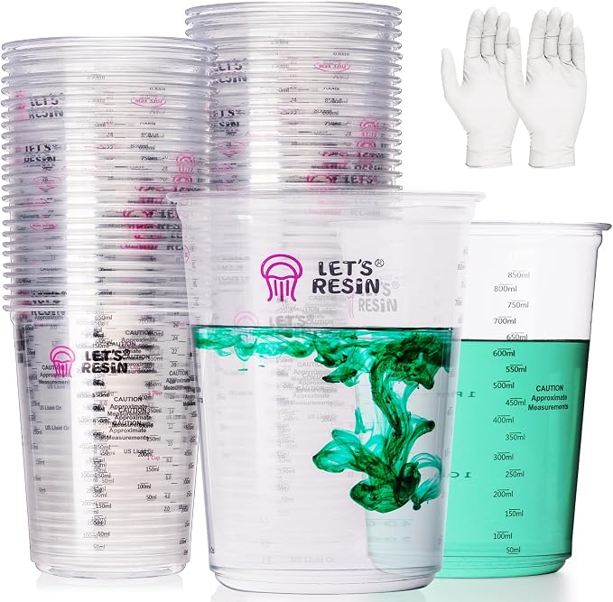 LET'S RESIN 32 oz Resin Mixing Cups, 45-Piece Kit with Gloves | Sturdy 1000 ml Disposable Cups Feature Two Measurement Scales and Include Protective Gloves for Resin and Paint Mixing