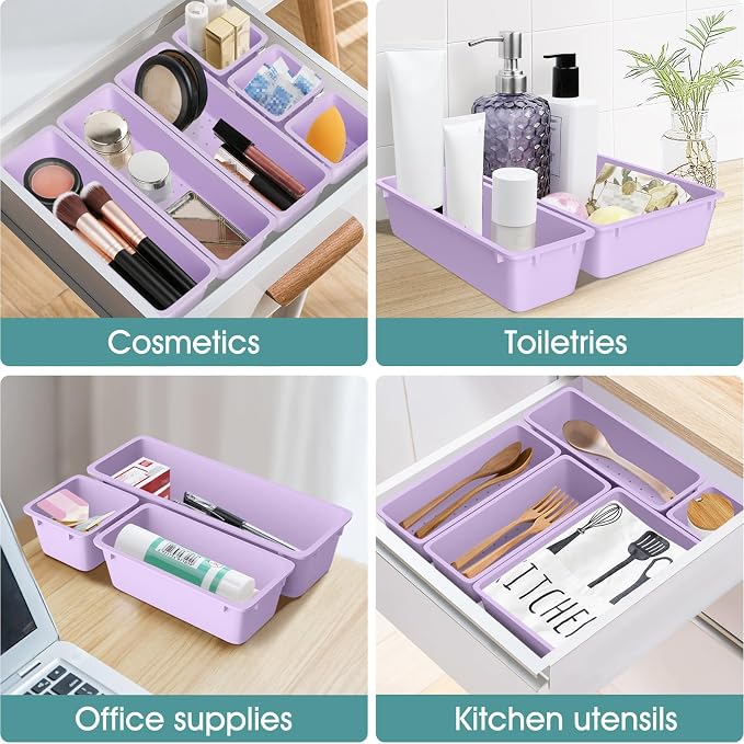 25 PCS Plastic Drawer Organizer Set, Makeup Organizers and Storage Bins | 4 Sizes Desk Drawer Divider Organizers and Storage Bins for Jewelry, Gadgets for Kitchen, Bedroom, Bathroom, Office, Purple