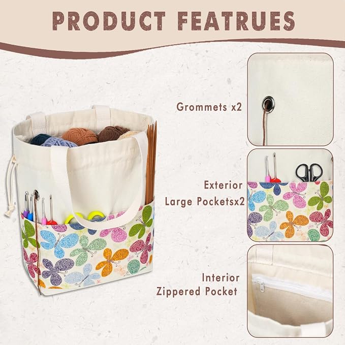 TOGETRUE Yarn Bag, Knitting Crochet Tote Bag, Yarn Storage Bags Organizer, Crochet bags for Crocheting Project, Store Skein Ball, Short Knitting Needle (Large, Butterfly)