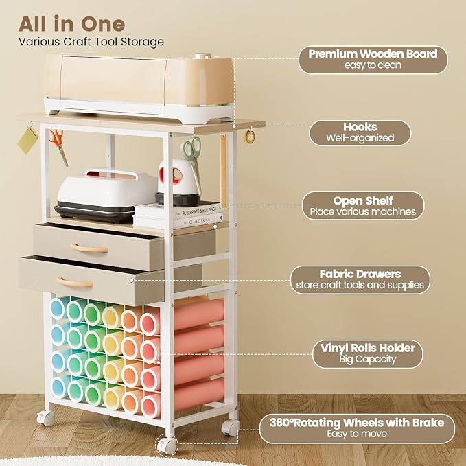 VENNQD Organizer and Storage Stand Compatible with Cricut Machines,Rolling Storage Cart/Shelf with 24 Vinyl Roll Holders，2 Fabric Drawer,Accessories Holder,Tool Hook for Craft Room Home (White Maple)