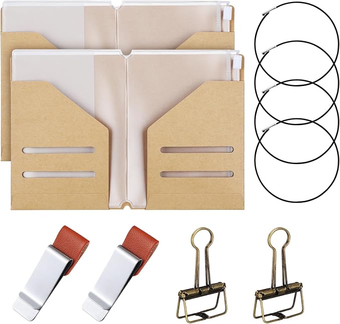 Mooliwe 2 Pack Travelers Journal Notebook Accessories Kit, Passport Size | Kraft File Folder, Zipper Case, Pen Holder, Binder Clip and Elastic Bands, Refillable Insert Organizer for Travel Journals