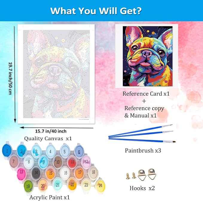 Artunion Colorful French Bulldog Paint by Numbers for Adults, Dog Animal Paint by Number Kits, DIY Oil Painting Paint by Number Kits on Canvas Arts Craft for Home Wall Decor 16x20 Inch