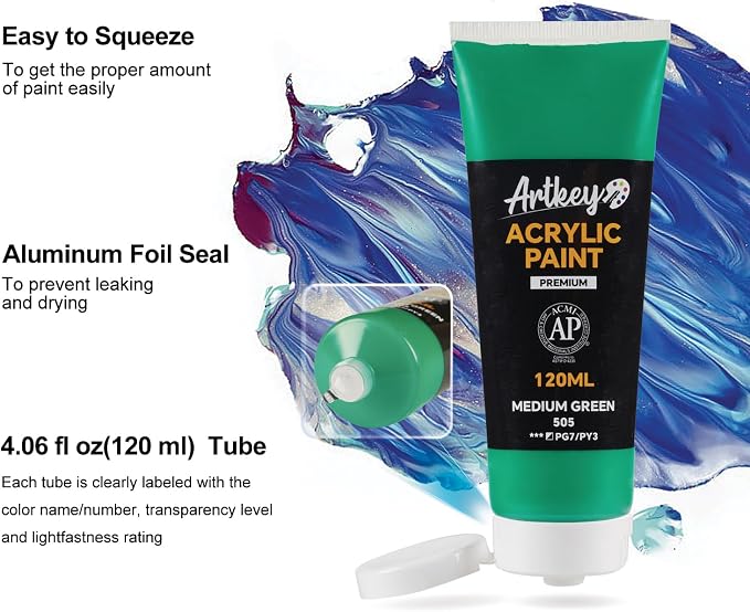 Artkey Acrylic Paint - Medium Green (120 ml/4.06 oz) Tubes, Rich & Vibrant Pigments, Professional Artists Acrylic Paints - Art Supplies for Canvas Wood Rock Clay Fabric Ceramics Art Crafts Painting
