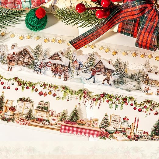 3 Rolls Christmas Washi Tape Set, 65mm x 2m PET Scrapbook Tape Christmas Stickers for Scrapbooking Supplies Winter Xmas Landscape Washi Tape Scrapbook Stickers for Journaling Washitape Masking Tapes