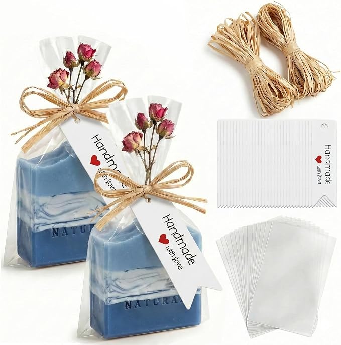 100 Pcs 4.7x7" Plastic Cellophane Bags with 131ft Raffia Ties & 100 Pcs "Handmade with Love" Tags, Clear Goodie Treat Wrappers for Wrapping Homemade Soap Craft Gift Wedding Cookies Candy Snack Party Bakery Favors Christmas (White Tags)