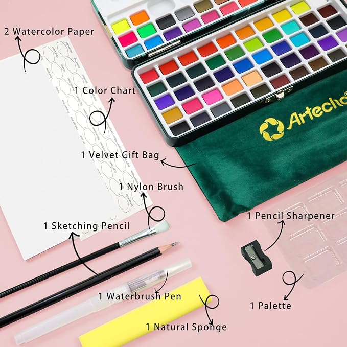 Artecho Watercolor Paint Set, 72 Colors with Metallics, Travel Case | 50 Classic, 18 Metallic & 4 Fluorescent Colors; Watercolor Paper and Brushes Included