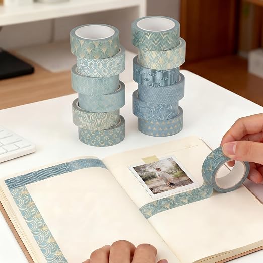 12 Rolls Floral Washi Tape Set,Teal Color,Art Deco | Watercolor Flowers Design for Scrapbook Journal DIY Craft School Supplies, 15 mm Vintage Decorative Masking Washi Tapes