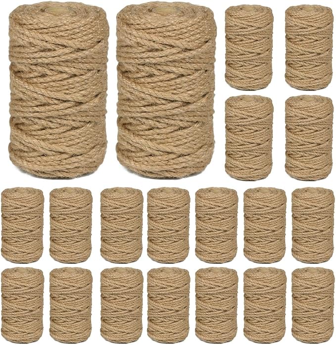 20Pack 5mm Natural Jute Twine Rope 2100 Feet Twisted Heavy Duty Thick Twine for Cat Scratching Post Tree Craft Projects Garden Home Decoration Packing Bundling (Brown-105Feet/Roll)