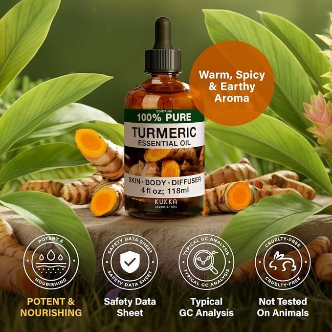 Kukka 100% Pure Turmeric Essential Oil for Skin, Diffuser, 4 Fl Oz | Undiluted Turmeric Oil for Skin Care, Hair Care, DIY Soap Making & Bath and Body Blends