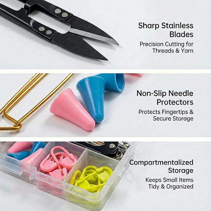 GKINIKG Knitting Tools Set with Storage Case – Knitting & Crochet Accessories for Sewing, Repair and DIY Craft Projects, Includes Scissors, Stitch Markers, Needles & Ruler