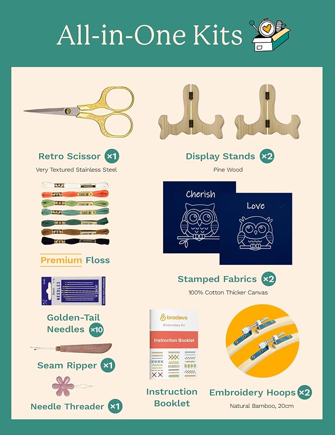 Bradove Owls Embroidery Kit for Beginners with Patterns | Beginner Embroidery Kit for Adults and Kids, Hand Embroidery for Beginners, Learn to Embroider Kit Adult Beginner