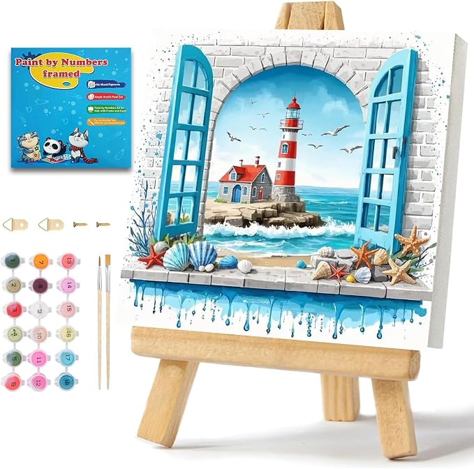 ICYANART Paint by Numbers for Adults Framed, Beach Number Painting 8x8In