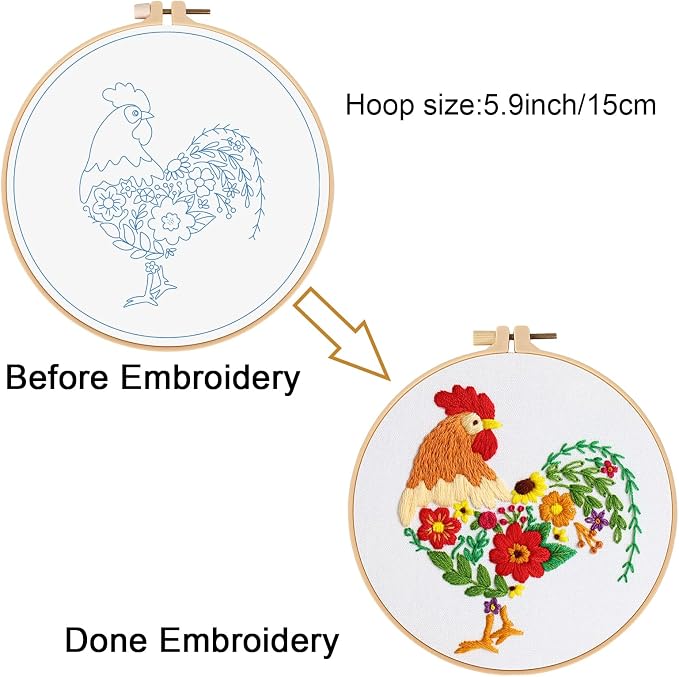 Louise Maelys Embroidery Kit for Beginners with Funny Rooster and Flower | Complete Kit Includes Fabric, Hoop, Threads, Guide. Create Fun Designs with Cross Stitch Kits. Explore Needlepoint Kit