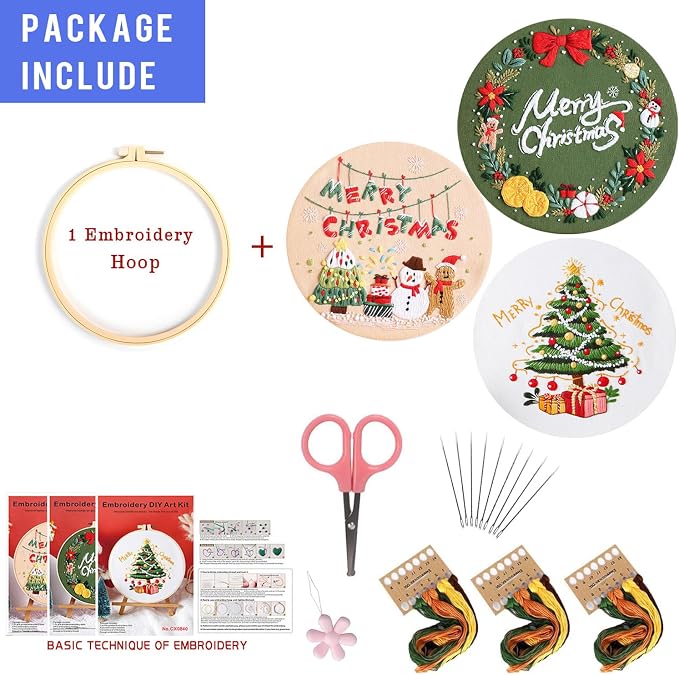 LB Christmas Embroidery Kit for Beginners Adults, 3 Sets Hand Embroidery Starter Kit with Wreath Pattern and Instructions Stamped Cross Stitch Kits Include Embroidery Hoop Needles Threads Scissors