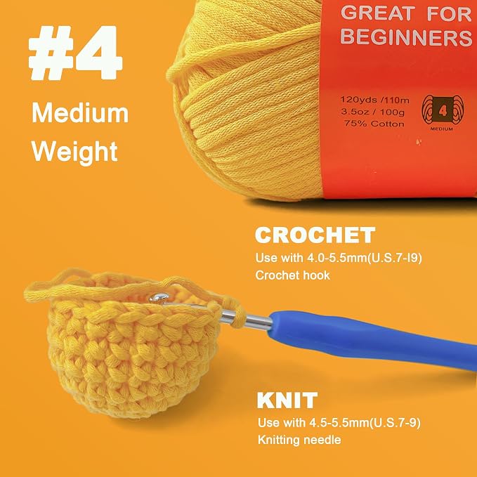 2x3.5Oz Beginner-Friendly Yarn for Crocheting and Knitting;Worsted-Weight Medium #4;Cotton Blend Yarn for Beginners with Easy-to-See Sitches,Great for Amigurumi DIY (Yellow, 2 Skein)