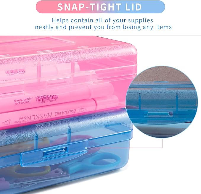 Sooez Plastic Pencil Case Box 6 Pack, Colored Large Craft Storage Bulk