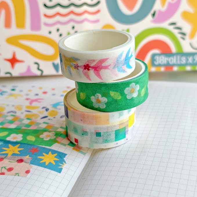Bomichi 38 Rolls Washi Tape Aesthetic Colored Decorative