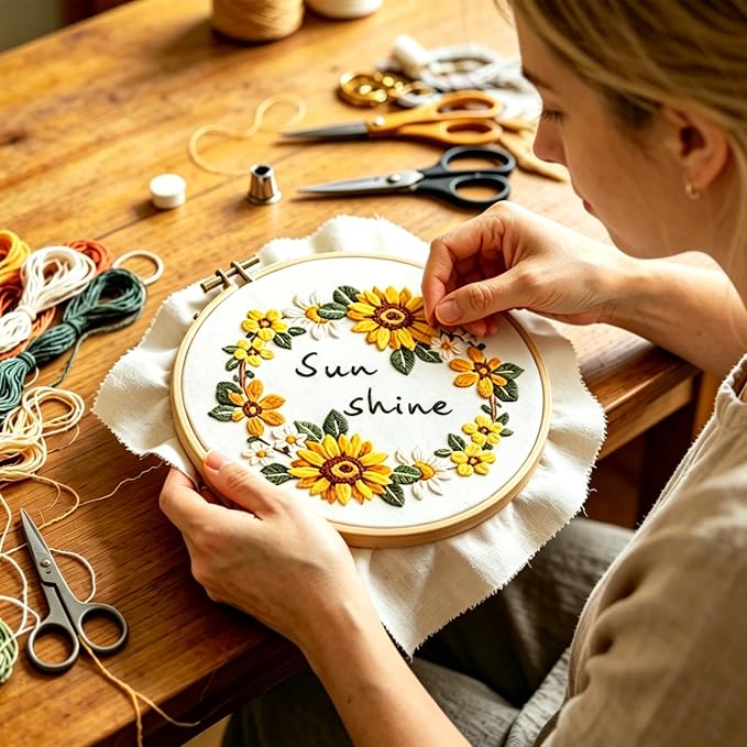 Vigdit 4 Pack Embroidery Kit for Beginners, Needlepoint Cross Stitch Kit for Adult Beginner, Easy DIY Hand Embroidery Starter Kit with Stamped Floral Pattern Embroidery Hoop Tools and Instruction