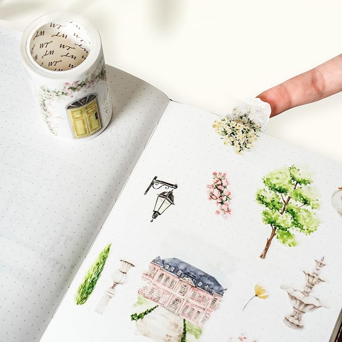 WT Pre-Cut French Courtyard Wide Washi Tape, Single Roll, Romantic European Courtyard Style with Floral Designs, Decorative Washi Paper Tape for Journaling, Scrapbooking, Planner, DIY Crafts
