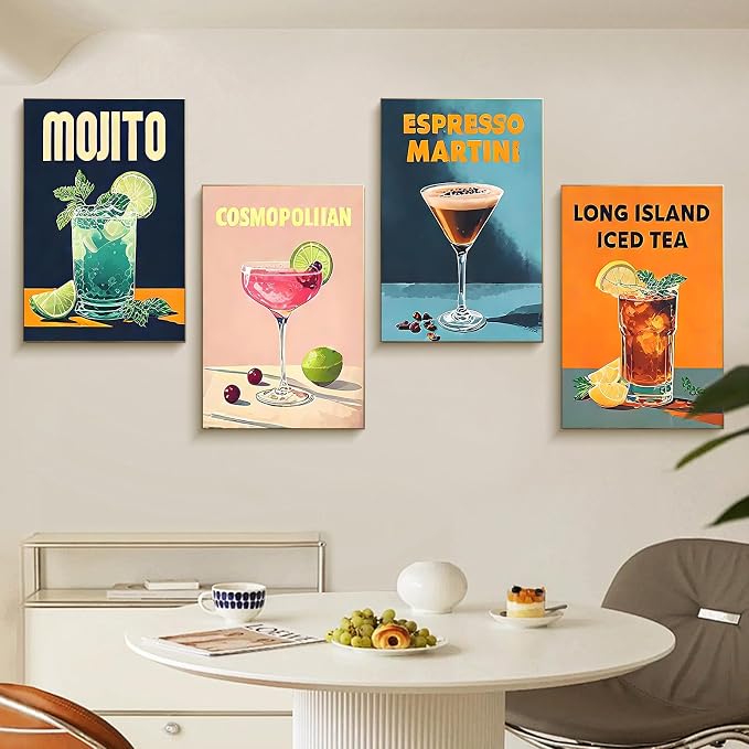 4 Pack Framed Paint by Numbers Kit for Adults Cocktail with Wooden Easel | With Frame Canvas 8x12 IN, For Adults Beginner, DIY Acrylic Painting Retro, Stress Relief Craft Kits, Home Wall Decor Gift