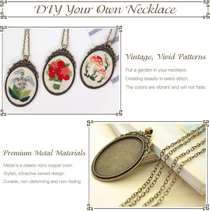 ZOCONE 3 Packs Embroidery Necklace Kit, Embroidery Pendant Kits Mini Cross Stitch Kit with Hoop, Necklace, Pendant, Beads, Stamped Pattern Cloth, Instructions, etc., Embroidery Kits for Adults