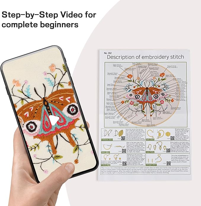Beginner Butterfly Embroidery Kit for Adults, Pre-Printed with Video