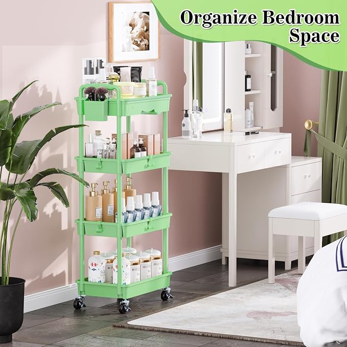 SUNALLY 4 Tier Rolling Cart with Drawer, Craft Storage Cart Organizer,Green
