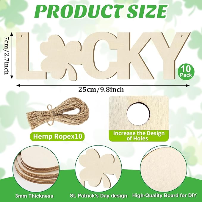 Large Size 7inch Wooden Lucky Ornaments to Paint, Wooden Shamrock St. Patrick's Day Cutouts DIY Blank Unfinished Round Spring Irish Wood Discs Ornament for Crafts Hanging Decorations 10PCS