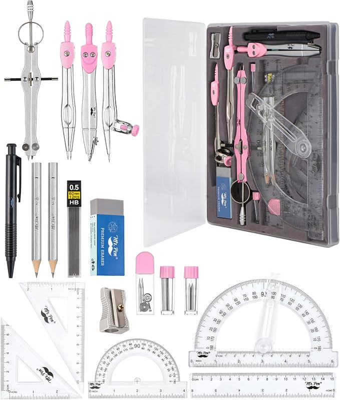 Mr. Pen- Geometry Set, 15 pcs, Pink, 6 Inch Swing Arm Protractor, Divider | Set Squares, Ruler, Compasses and Protractor