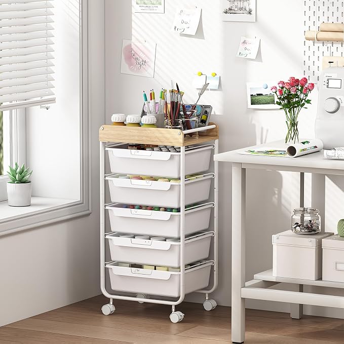 SYKIARIOL Utility Cart with Drawers,Craft Cart with 5 Drawers,White | Art Supply Organizer,Rolling Drawer Cart,Craft Storage Cart,Storage Drawer Carts With DIY Lable and Wooden Tabletop Area