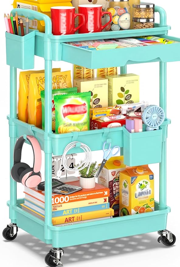 SUNALLY 3 Tier Rolling Cart with Drawer, Craft Storage Cart Organizer, Blue