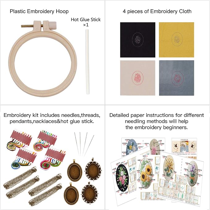 ZOCONE 4 Packs Embroidery Necklace Kits, Embroidery Pendant Kit Mini Cross Stitch Kit with Hoop, Necklace, Pendant, Stamped Pattern Cloth, Instructions, etc. Embroidery Kits for Adults