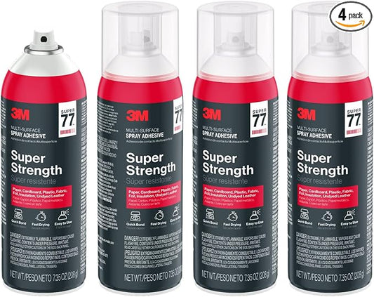 3M Super 77 Multi-Surface Spray Adhesive, 7.35 oz., Low VOC, Quick Bond, Fast Drying, Clear Finish for Foil, Foam, Paper, Metal, Plastic, Fabric, and Cardboard (77-10-NAT), 4-Pack