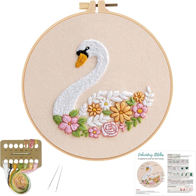 Louise Maelys Swan Floral Embroidery Kit for Beginners DIY Gift Set | Cross Stitch Kit for Adults Creates Relaxing Crafts and DIY Needlepoint Kit for Handmade Decor, Gifts and Creative Hobbies