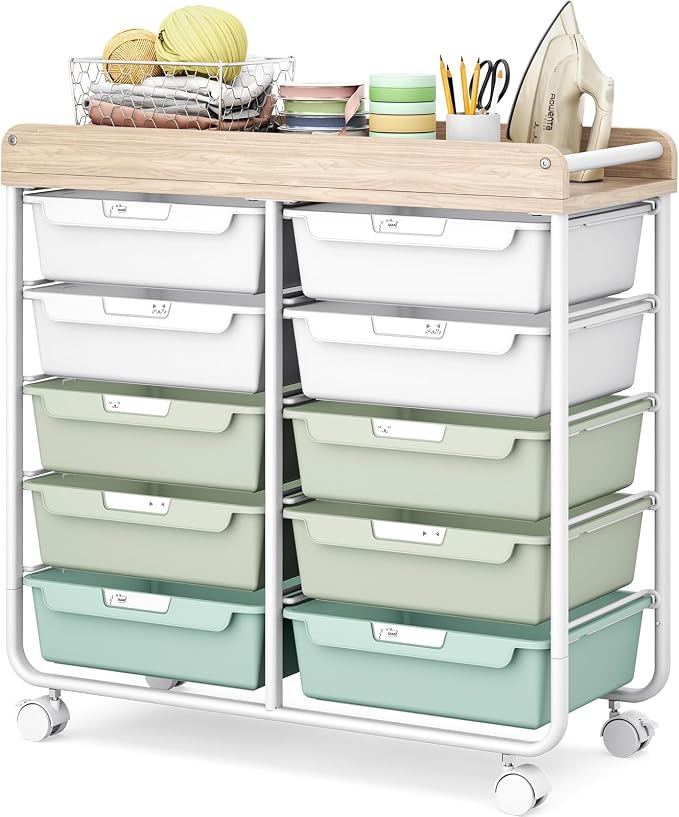 10 Drawer Rolling Storage Cart with Wood Top for Classroom Crafts Green | Easy Setup, Large Capacity, Sturdy Build, Lockable Mobility, For office, classroom and home supplies