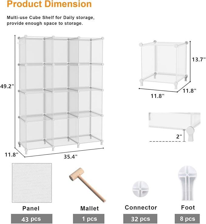 AWTATOS Closet Organizers, 12 Cube Storage Organizer, Transparent Twill