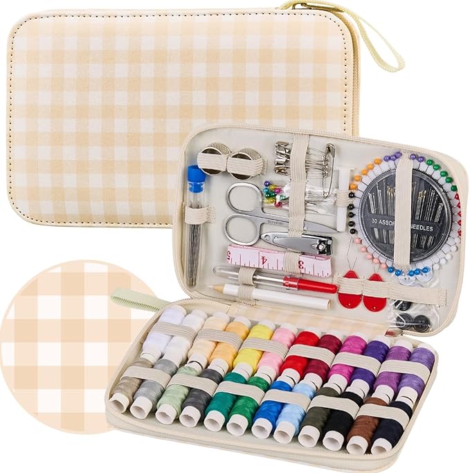 Travel Basic Sewing Kit with Checkered Pattern Sewing Set | Professional 130PCS Sewing Supplies Heavy Duty Needles Kit Printing Sewing Kit for Adults & Beginners Emergency, Home