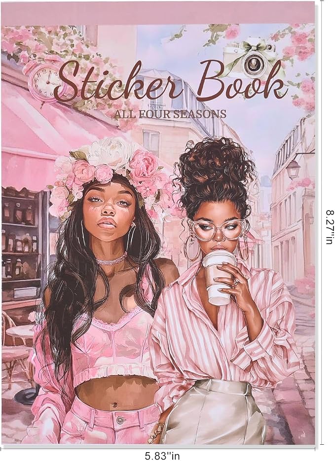 Black Girl Sticker Book of Four Seasons - 24 Pages Hand Drawn Waterproof Vinyl Stickers for Journals, Planners, Scrapbooking, Laptop & Water Bottles - Melanin Power Aesthetics Gift Ideas for Women