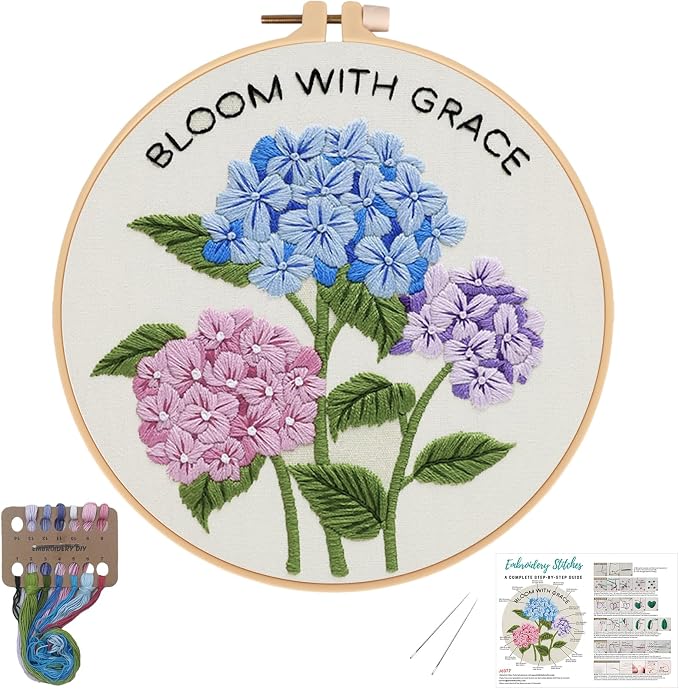 Nuberlic Hydrangea Embroidery Kits for Beginner Adults | Cross Stitch Kit with Stamped Pattern Include Cloth Hoops Threads Needles,Needlepoint Kits